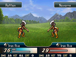 A generic enemy on the player faction, still using the enemy battle palette to the left and Navarre with the enemy palette and light brown hair. Why make two different shades of brown, I don't know?