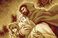 Artwork of Douglas carrying Elffin, with Larum in the background, from The Binding Blade.