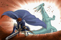 Eliwood strikes the dragon with Durandal in the prototype.