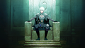 Male Byleth sitting on the throne in the Holy Tomb.