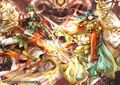 Artwork of Ephraim and Eirika, with Fomortiis in the center, from Fire Emblem Cipher.