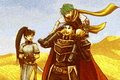 CG image of Hector, Nils and Lyn playing in the desert from The Blazing Blade.