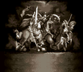 Artwork of the 12 crusaders on the title screen and main menu of Genealogy of the Holy War.