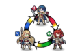 Illustration of Heroes' weapon triangle, depicting Alfonse, Anna, and Sharena.