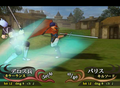 The earliest known screenshot of Path of Radiance, wherein Ike appears with the name パリス, Paris, fighting a soldier from "Delos" (デロス).