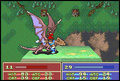 Screenshot of a Hero battling a Wyvern Rider, Wyvern Lord the exact class is unknown as it features elements from both. Note preliminary shading and anatomy on the battle sprites; the rider also has a different helmet than final.
