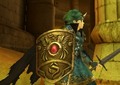 Alm equipped with the Sage's Shield while in a dungeon.