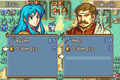 Eirika trading a Vulnerary into one of Moulder's empty inventory spaces in Fire Emblem: The Sacred Stones.