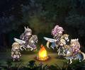 Libra, Sumia, Olivia, and Maribelle gathered around a campfire with Kiran.