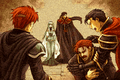 CG image of Hector and Eliwood reacting to Elbert being mortally wounded and Ninian being under Nergal's control from The Blazing Blade.