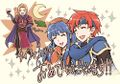 Fire Emblem Cipher anniversary sketch of Narcian, Lilina, and Roy by Kotaro Yamada.