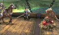 Chrom and a female cavalier attacking a barbarian on a boat