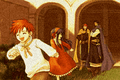 CG image of an older Hector and Eliwood looking at Roy and Lilina from The Blazing Blade.