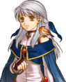 Micaiah's portrait as a Light Sage with Yune on her shoulder in Radiant Dawn.