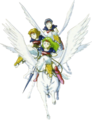 Front to back: Palla, Catria, and Est, all Pegasus Knights, riding their pegasi in Gaiden.