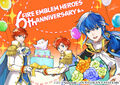 Artwork of Eliwood and several other characters for Heroes's sixth anniversary, drawn by Wada Sachiko.