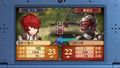 The battle stats screen, showing Hinoka against a soldier of the Nohrian army.