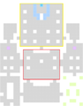 The red area is the central room and the yellow area is the throne room; entering the throne room triggers reinforcements and defeating every enemy in both stops them.