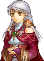 Micaiah's portrait as a Light Priestess with Yune on her shoulder in Radiant Dawn.