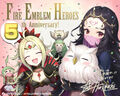 Artwork of Nyx and several other characters for Heroes's fifth anniversary, drawn by Kousei Horiguchi.