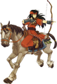 Sue, a Nomad, riding her horse in The Binding Blade.