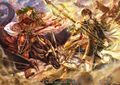 Quan's and Travant's clash, as depicted in Fire Emblem Cipher.